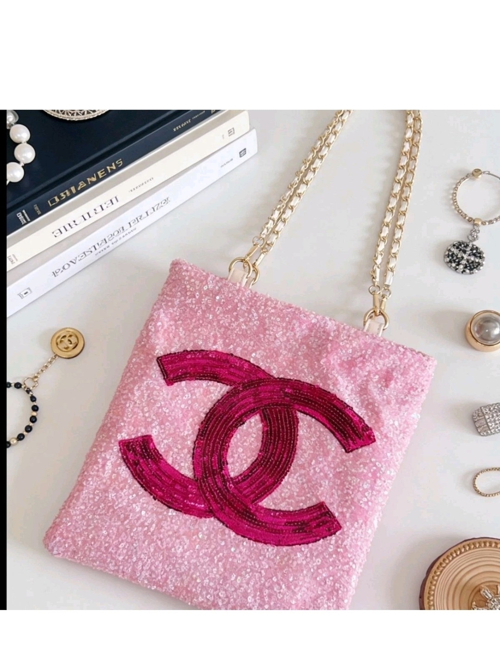 New Stunning Chanel Beaute GWP Pink Sequin Tote with Logo and Gold Chain Straps
